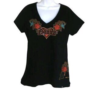 DANICA PATRICK Tshirt, XL, V-neck, SS, NASCAR, #10, Black, Floral/Bird